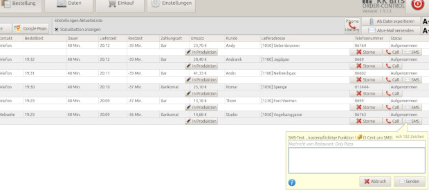 Call-Control Bestellliste mit SMS-Funktion und Click2Call-Telefonhörer zum direkten Kontaktieren von Kunden.