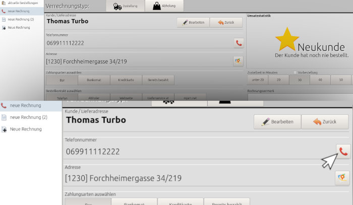 Benutzeroberfläche von Call-Control mit automatisch geöffnetem Kundenprofil bei eingehendem Anruf und Click2Call-Telefonhörer-Icon zum direkten Anrufen des Kunden.