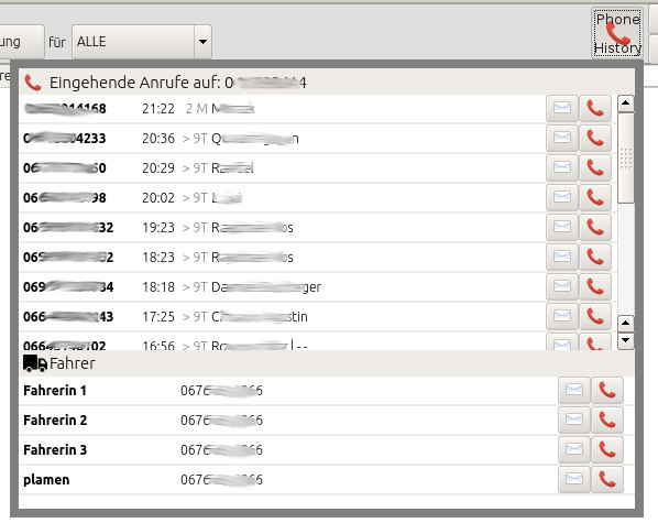 Call-Control Telefon-History mit Liste ein- und ausgehender Anrufe sowie Telefonhörer-Symbolen zum direkten Anwählen von Kunden und Fahrern.