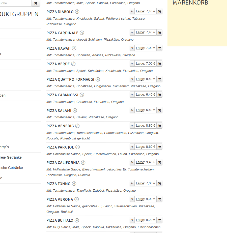 Darstellung der Call-Control Funktionen für Pizza-Individualisierung mit Links/Rechts-Belegung und doppelten Auflagen zur Umsatzsteigerung.