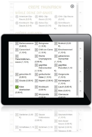 Responsive Darstellung der Call-Control Bestellwebseite auf dem Tablet für die Auswahl der Zusatzprodukte.