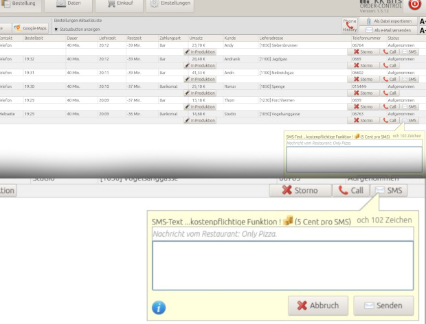 Call-Control Oberfläche mit SMS-Schnellfunktion zum Versenden von Nachrichten wie „Fahrer steht vor der Tür“ per Klick an Kunden.