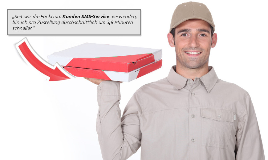 Pizzafahrer erklärt, dass er seit er das Call-Control SMS-Service verwendet, er im Schnitt pro bestellung um 3,8 Minuten schneller ist.