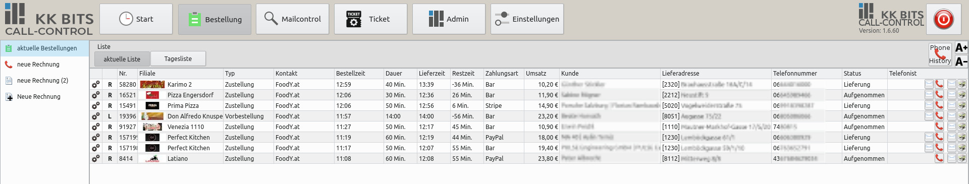 Call-Control Bestellliste